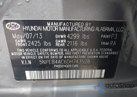 2013 Hyundai Sonata Gls z USA, uszkodzony, nr VIN 5NPEB4AC6DH743528